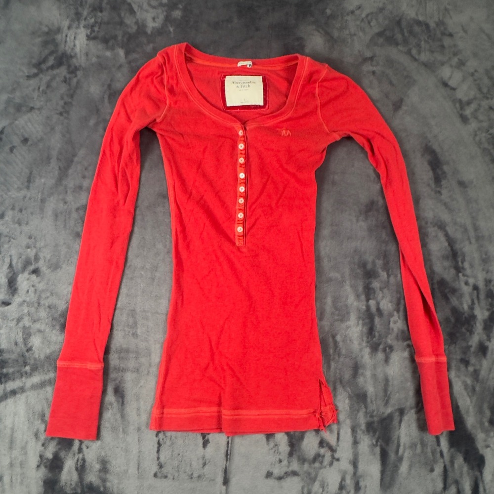 Abercrombie & Fitch Henley Womens Small Red Long Sleeve Perfect Stretch Ribbed